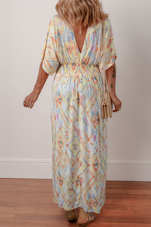 Bohemian Geometric Print Surplice V Neck Smocked Waist Maxi Dress