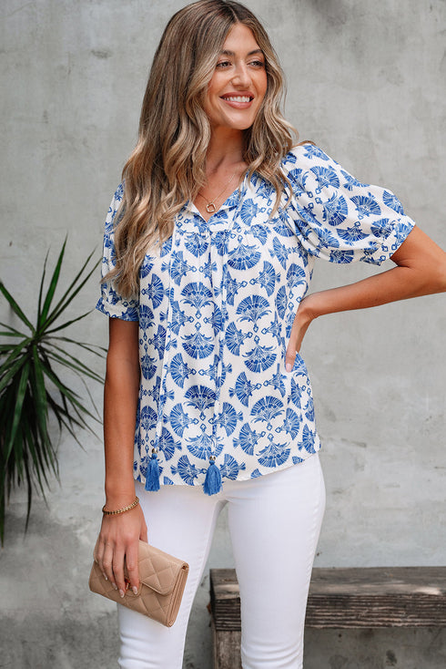 Bohemian Geometric Print Tassel Drawstring V Neck Blouse