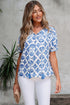 Bohemian Geometric Print Tassel Drawstring V Neck Blouse
