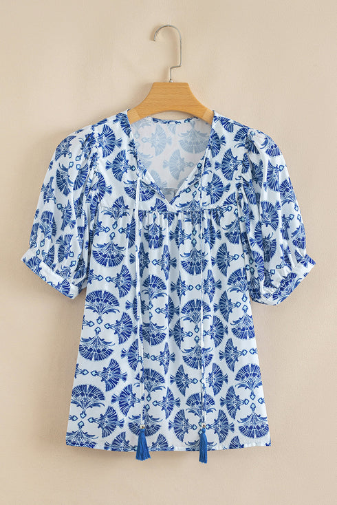 Bohemian Geometric Print Tassel Drawstring V Neck Blouse