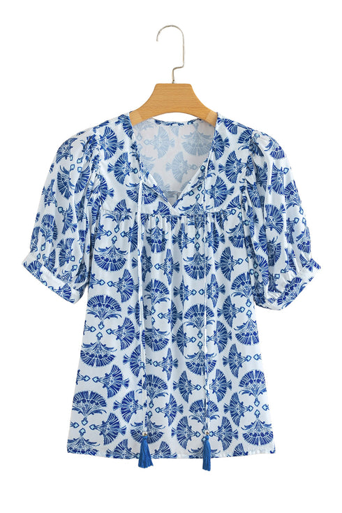 Bohemian Geometric Print Tassel Drawstring V Neck Blouse