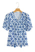 Bohemian Geometric Print Tassel Drawstring V Neck Blouse