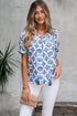 Bohemian Geometric Print Tassel Drawstring V Neck Blouse
