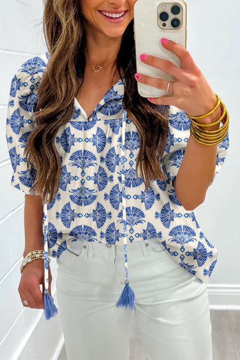 Bohemian Geometric Print Tassel Drawstring V Neck Blouse