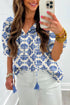 Bohemian Geometric Print Tassel Drawstring V Neck Blouse