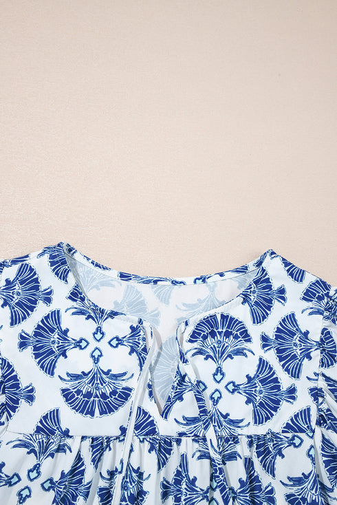 Bohemian Geometric Print Tassel Drawstring V Neck Blouse