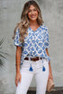 Bohemian Geometric Print Tassel Drawstring V Neck Blouse