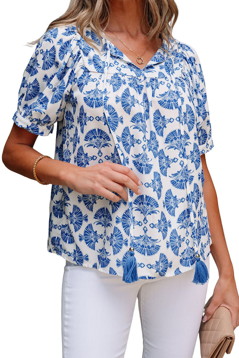 Bohemian Geometric Print Tassel Drawstring V Neck Blouse