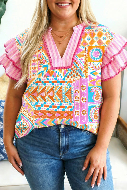 Bohemian Geometric Striped Rick Rack Trim V Neck Blouse