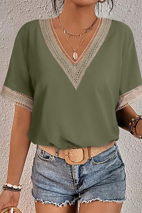 Bohemian Lace Trim V Neck Short Sleeve Blouse