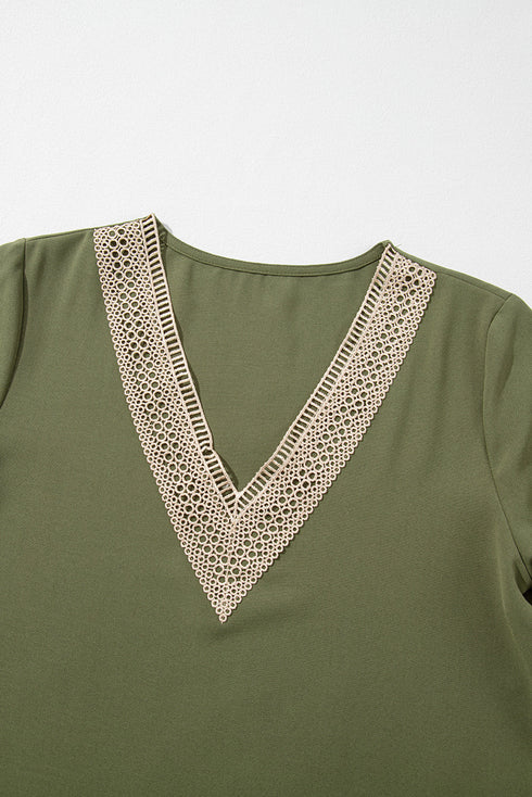 Bohemian Lace Trim V Neck Short Sleeve Blouse