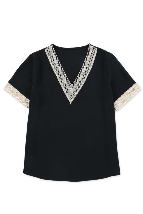 Bohemian Lace Trim V Neck Short Sleeve Blouse