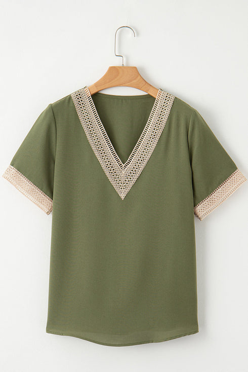 Bohemian Lace Trim V Neck Short Sleeve Blouse