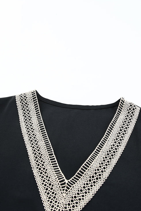 Bohemian Lace Trim V Neck Short Sleeve Blouse