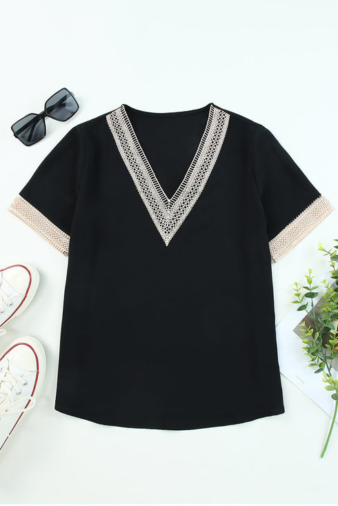 Bohemian Lace Trim V Neck Short Sleeve Blouse
