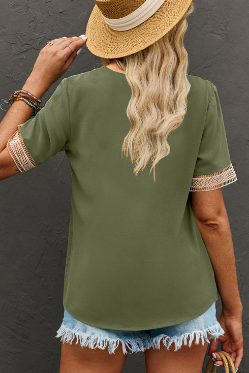 Bohemian Lace Trim V Neck Short Sleeve Blouse