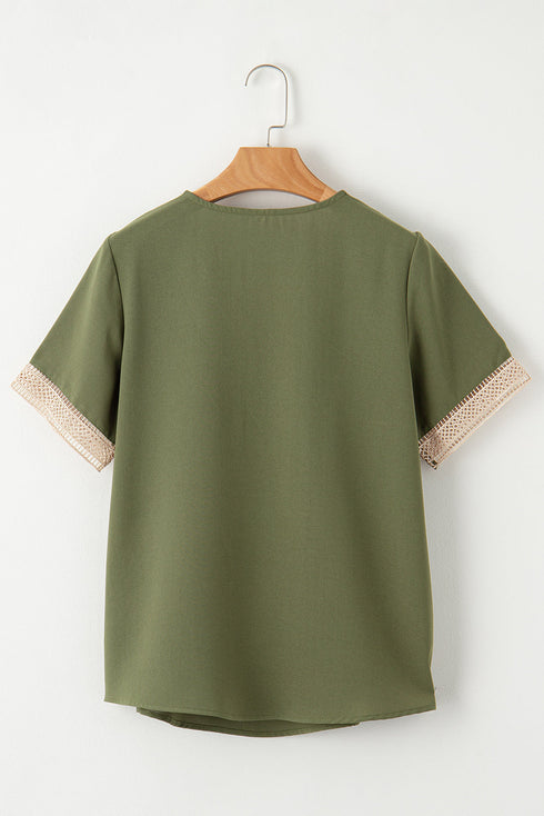 Bohemian Lace Trim V Neck Short Sleeve Blouse