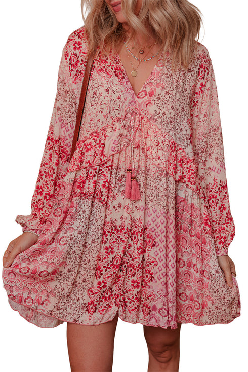 Bohemian Mixed Floral Print Tassel Tie Flowy Mini Dress