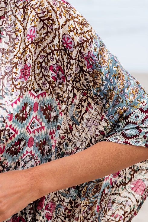 Bohemian Mixed Print Open Front Draped Kimono