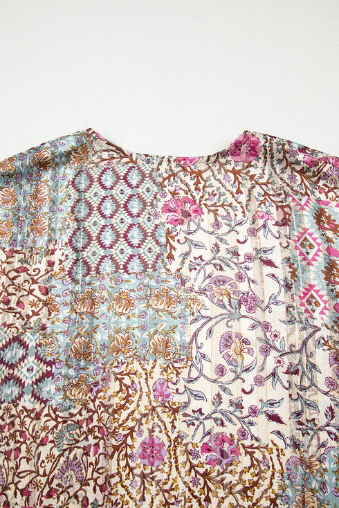 Bohemian Mixed Print Open Front Draped Kimono