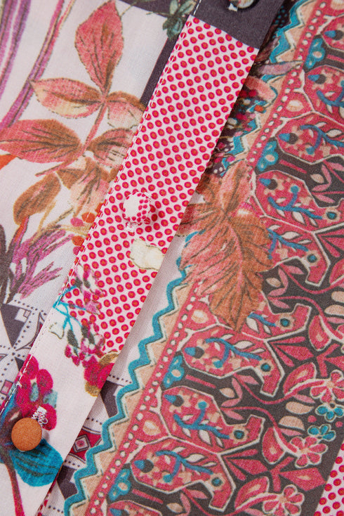 Bohemian Mixed Print Patchwork Bubble Sleeve Split Neck Blouse