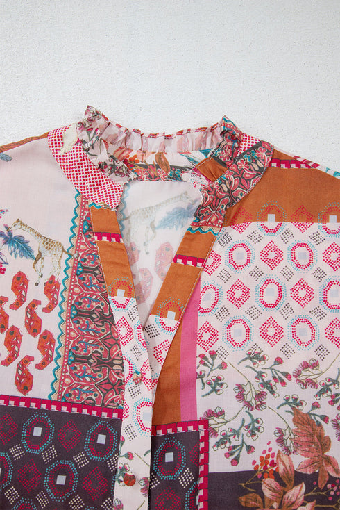 Bohemian Mixed Print Patchwork Bubble Sleeve Split Neck Blouse
