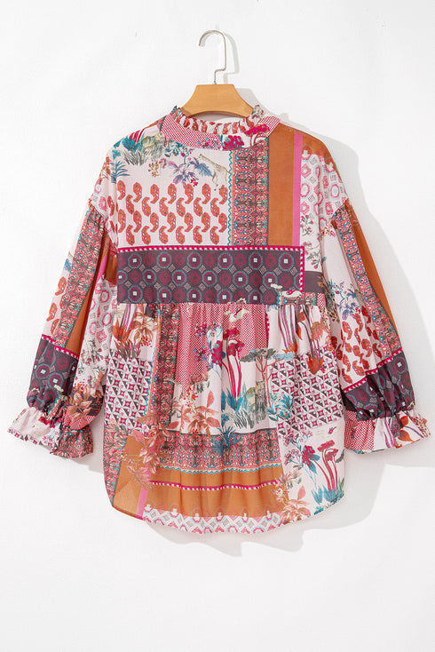 Bohemian Mixed Print Patchwork Bubble Sleeve Split Neck Blouse