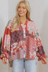Bohemian Mixed Print Patchwork Bubble Sleeve Split Neck Blouse