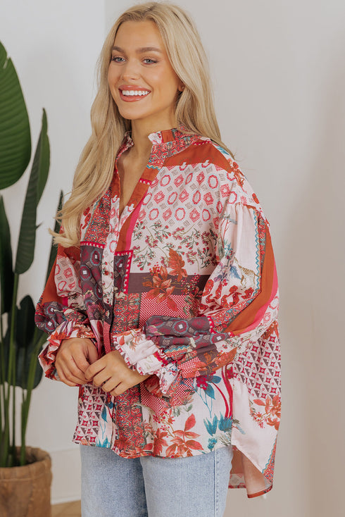 Bohemian Mixed Print Patchwork Bubble Sleeve Split Neck Blouse