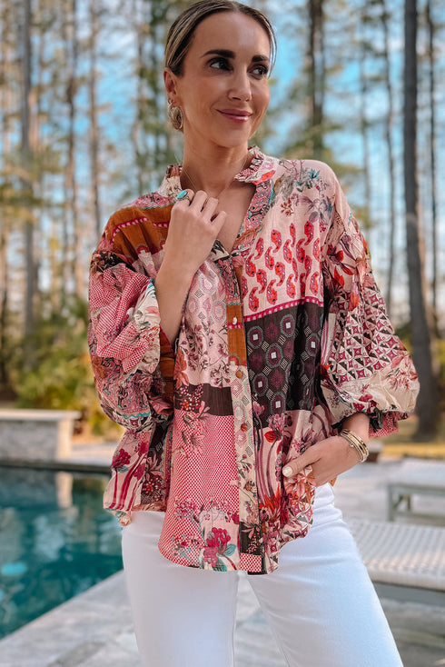 Bohemian Mixed Print Patchwork Bubble Sleeve Split Neck Blouse