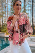 Bohemian Mixed Print Patchwork Bubble Sleeve Split Neck Blouse