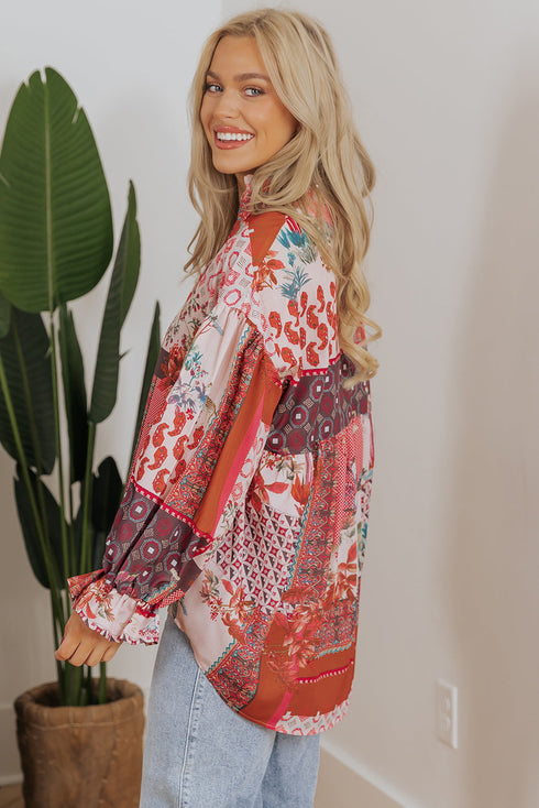 Bohemian Mixed Print Patchwork Bubble Sleeve Split Neck Blouse