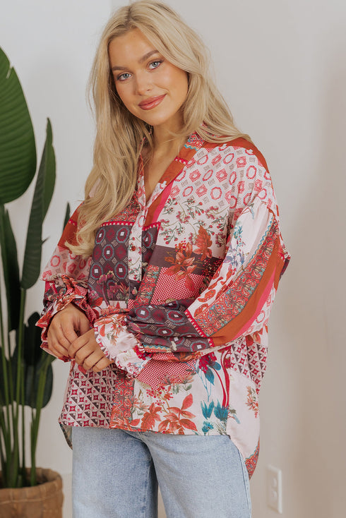 Bohemian Mixed Print Patchwork Bubble Sleeve Split Neck Blouse