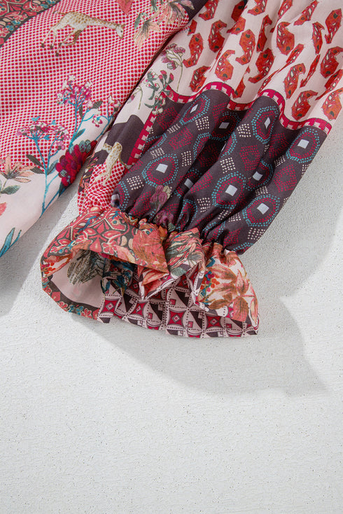 Bohemian Mixed Print Patchwork Bubble Sleeve Split Neck Blouse