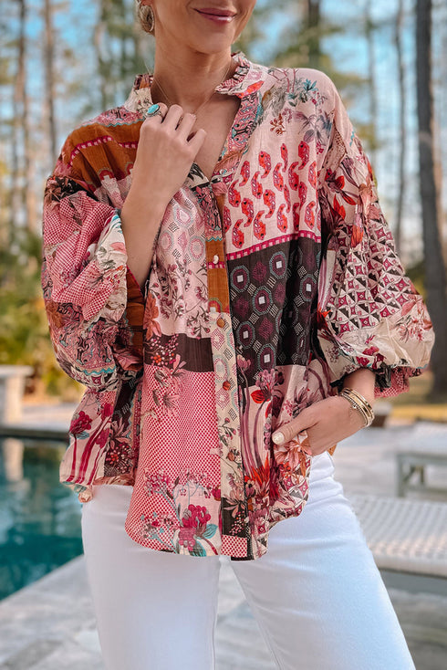 Bohemian Mixed Print Patchwork Bubble Sleeve Split Neck Blouse
