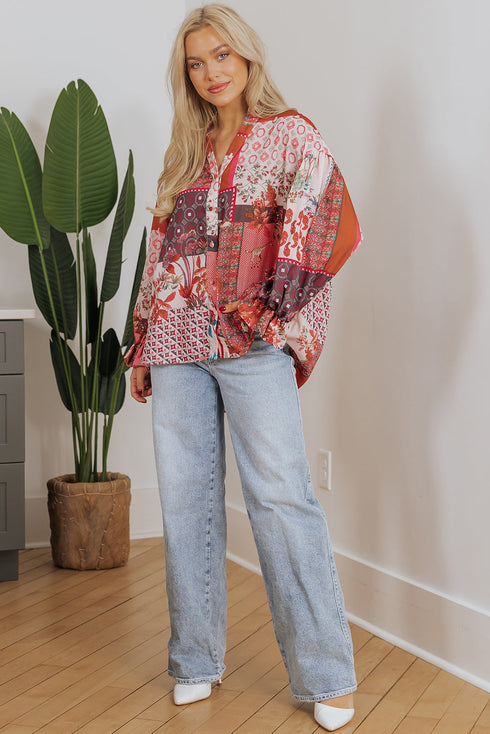 Bohemian Mixed Print Patchwork Bubble Sleeve Split Neck Blouse