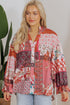 Bohemian Mixed Print Patchwork Bubble Sleeve Split Neck Blouse