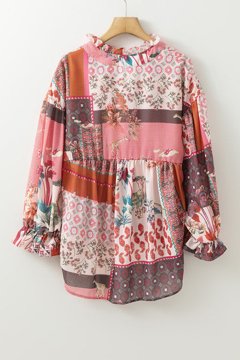 Bohemian Mixed Print Patchwork Bubble Sleeve Split Neck Blouse