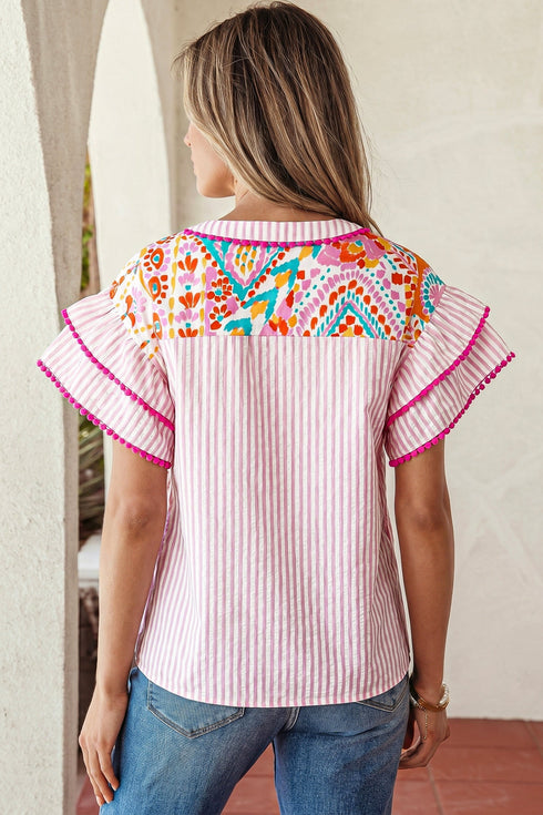 Bohemian Mixed Print Striped Patchwork Ruffle Sleeve Blouse