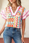 Bohemian Mixed Print Striped Patchwork Ruffle Sleeve Blouse