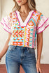 Bohemian Mixed Print Striped Patchwork Ruffle Sleeve Blouse