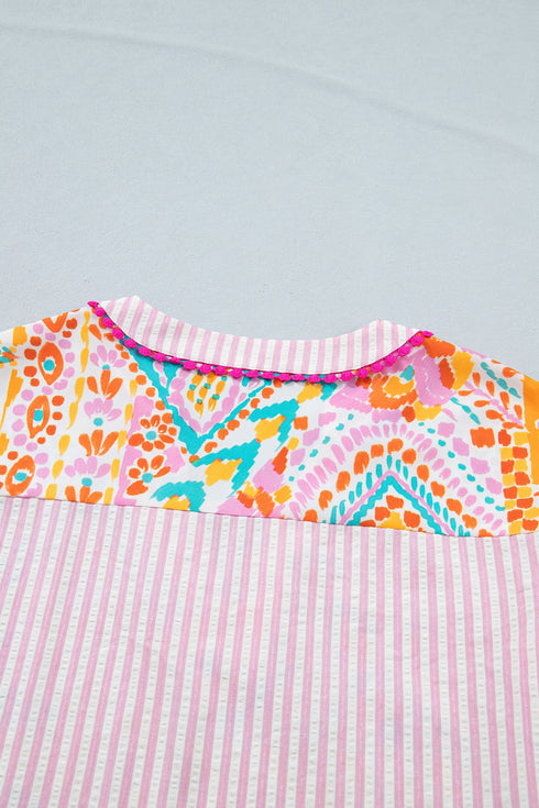 Bohemian Mixed Print Striped Patchwork Ruffle Sleeve Blouse