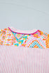 Bohemian Mixed Print Striped Patchwork Ruffle Sleeve Blouse