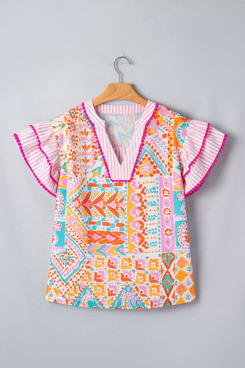 Bohemian Mixed Print Striped Patchwork Ruffle Sleeve Blouse