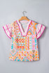 Bohemian Mixed Print Striped Patchwork Ruffle Sleeve Blouse