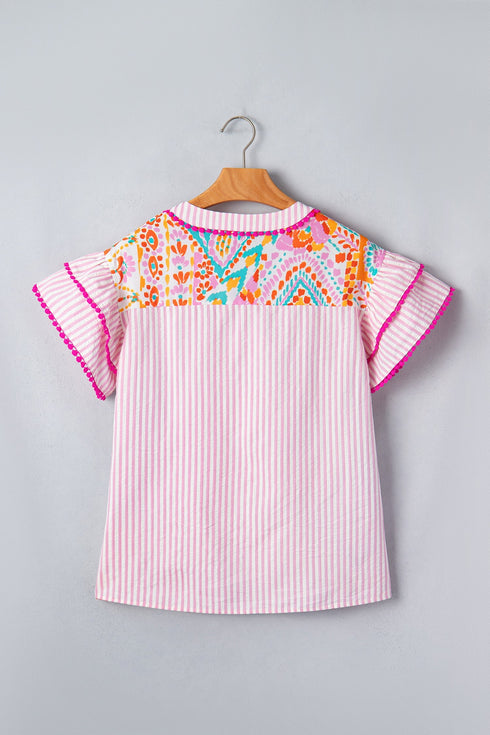 Bohemian Mixed Print Striped Patchwork Ruffle Sleeve Blouse