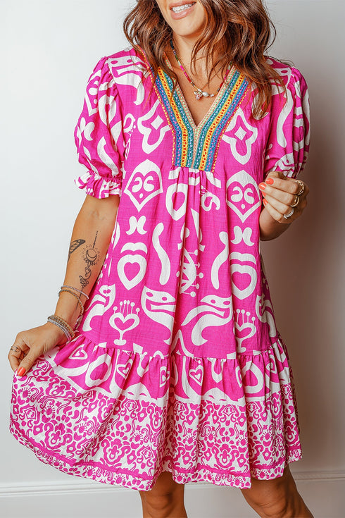 Bohemian Mixed Print V Neck Short Sleeve Mini Dress