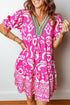 Bohemian Mixed Print V Neck Short Sleeve Mini Dress