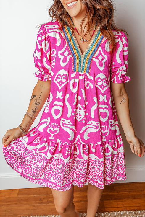Bohemian Mixed Print V Neck Short Sleeve Mini Dress
