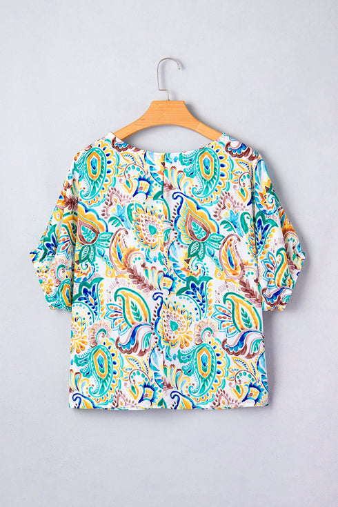 Bohemian Paisley Floral Printed Puff Sleeve Blouse